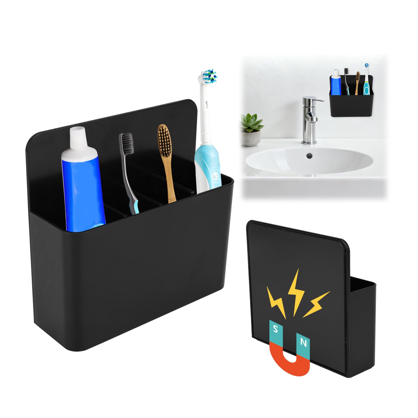 Magnetic Toothbrush Holder with Spacers, Plastic Wall-Mounted Bathroom Organizer Portable Cruise Essentials for Alaska & Caribbean Cruise Stateroom (Black)