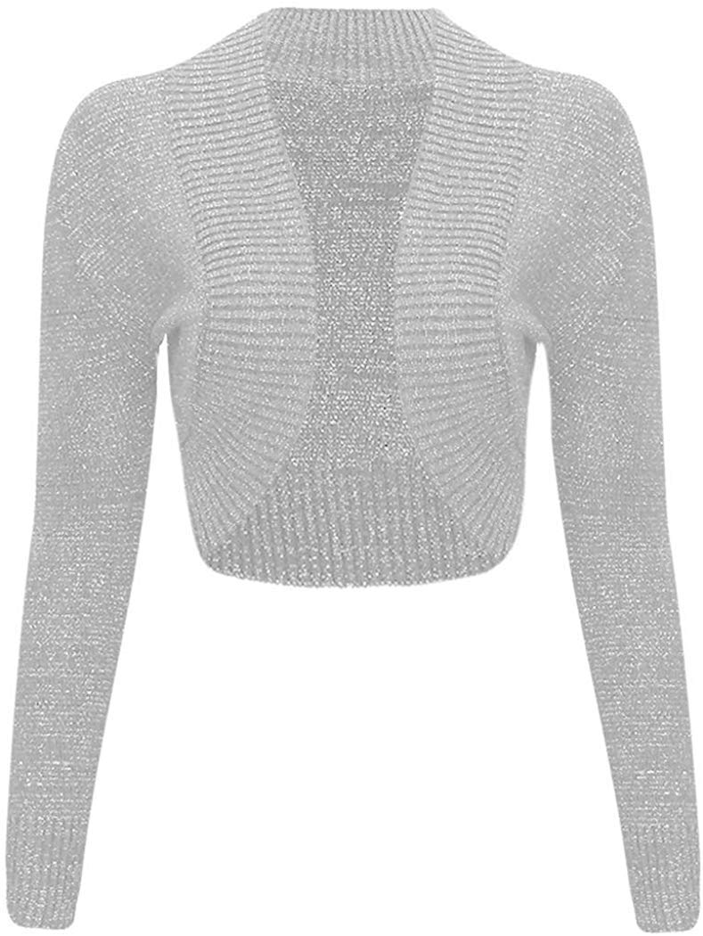 GOSTYLES® Womens Long Sleeve Knitted Lurex Shrug, Ladies Stylish Dressy Cover Up Lightweight Metallic Sparkly Bolero Cardigan (Grey, XL)