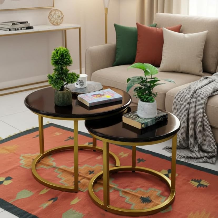 Image of Artlivo Solid Sheesham Wood Round Coffee Table - Set of 2 (22 /17 inch Dia) for Living|Drawing|Bedroom|Office|Balcony|Gift|Diwali|Wedding