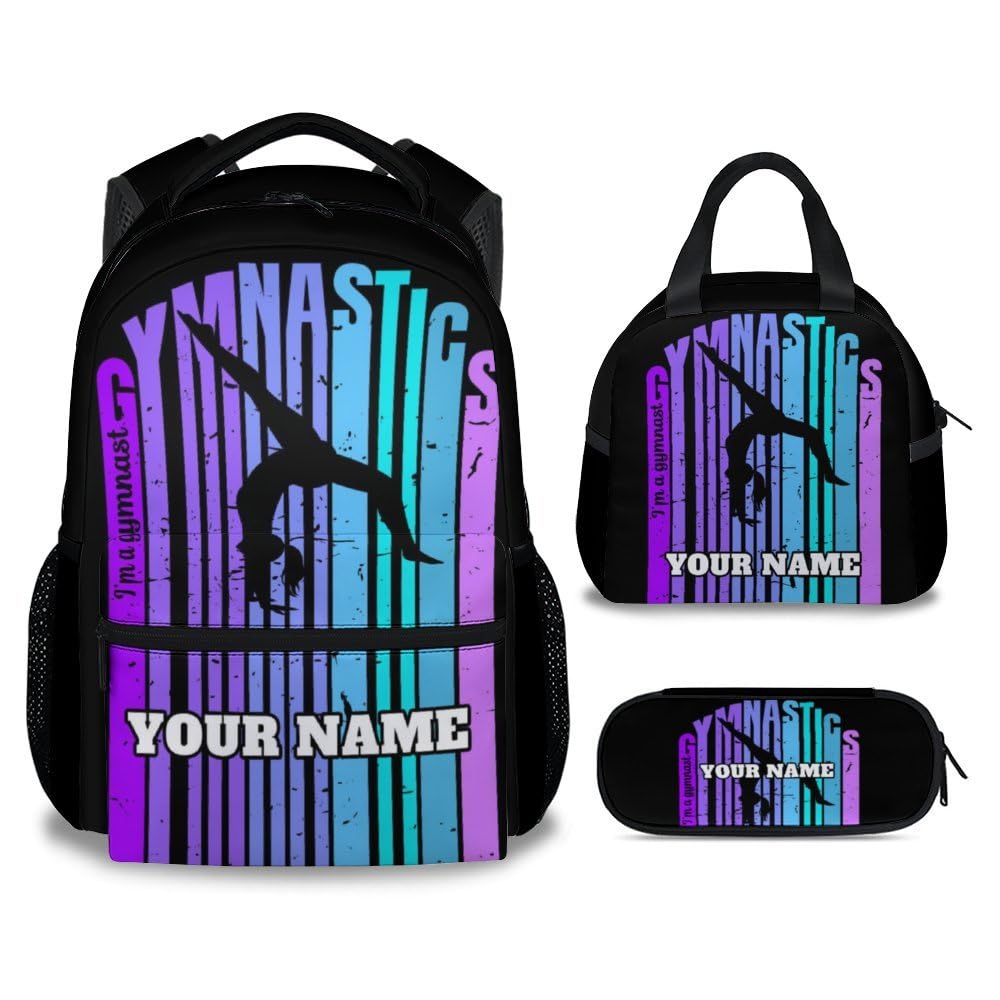 NICEFORNICE Custom Kids Backpack with Lunch Box, Set of 3 Gymnastic School Backpacks Matching Combo for Girls, Aesthetic Black Bookbag and Pencil Case