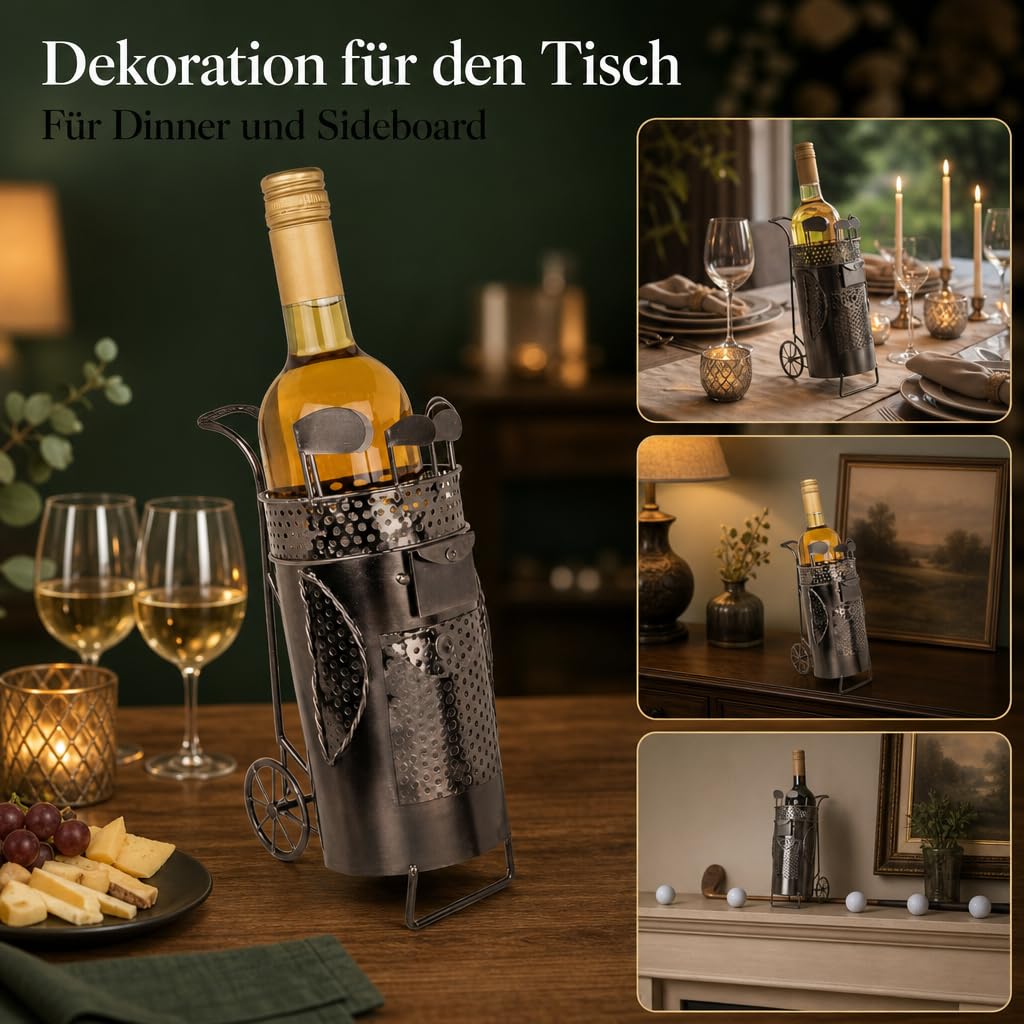 MIJOMA Porte-bouteille de vin sac de golf en métal - Porte-vin décoratif pour 1 bouteille - Fait à la main - Cadeau de golf - Porte-bouteille original pour vin, fer, 13 x 10 x 25 cm
