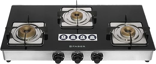 Faber Gas Stove 3 Burner Glass Cooktop (Cooktop Supreme Plus C 3BB) Manual Ignition, Black