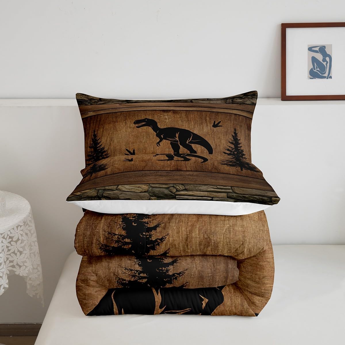 Manfei Dinosaur Kids Comforter Set Queen Size, Wild Animal Bedding Set for Boys Adults Bedroom Decor, Rustic Farmhouse Brown Wooden Plank Down Comforter, Soft Polyester Quilt Set, 2 Pillowcases