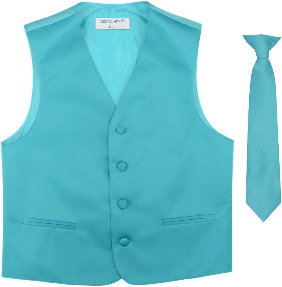 Vesuvio Napoli BOY'S Dress Vest & NeckTie Solid TURQUOISE AQUA BLUE Color Neck Tie Set
