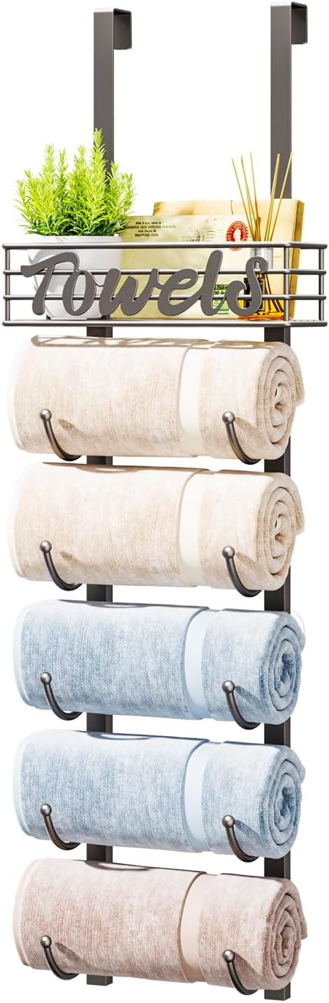 HapiRm Towel Racks for Bathroom Storage - 6 Tier Over The Door & Wall Mount Rolled Towel Storage Organizer Holder with Metal Shelf Basket for Small Bathroom, Camper, Rv - Patented Brushed Nickel 6-Tier