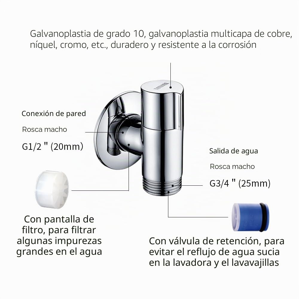 Appliance Valve - Válvula de esquina de pared para lavavajillas, conexión de agua G1/2" a G3/4" (cromado)