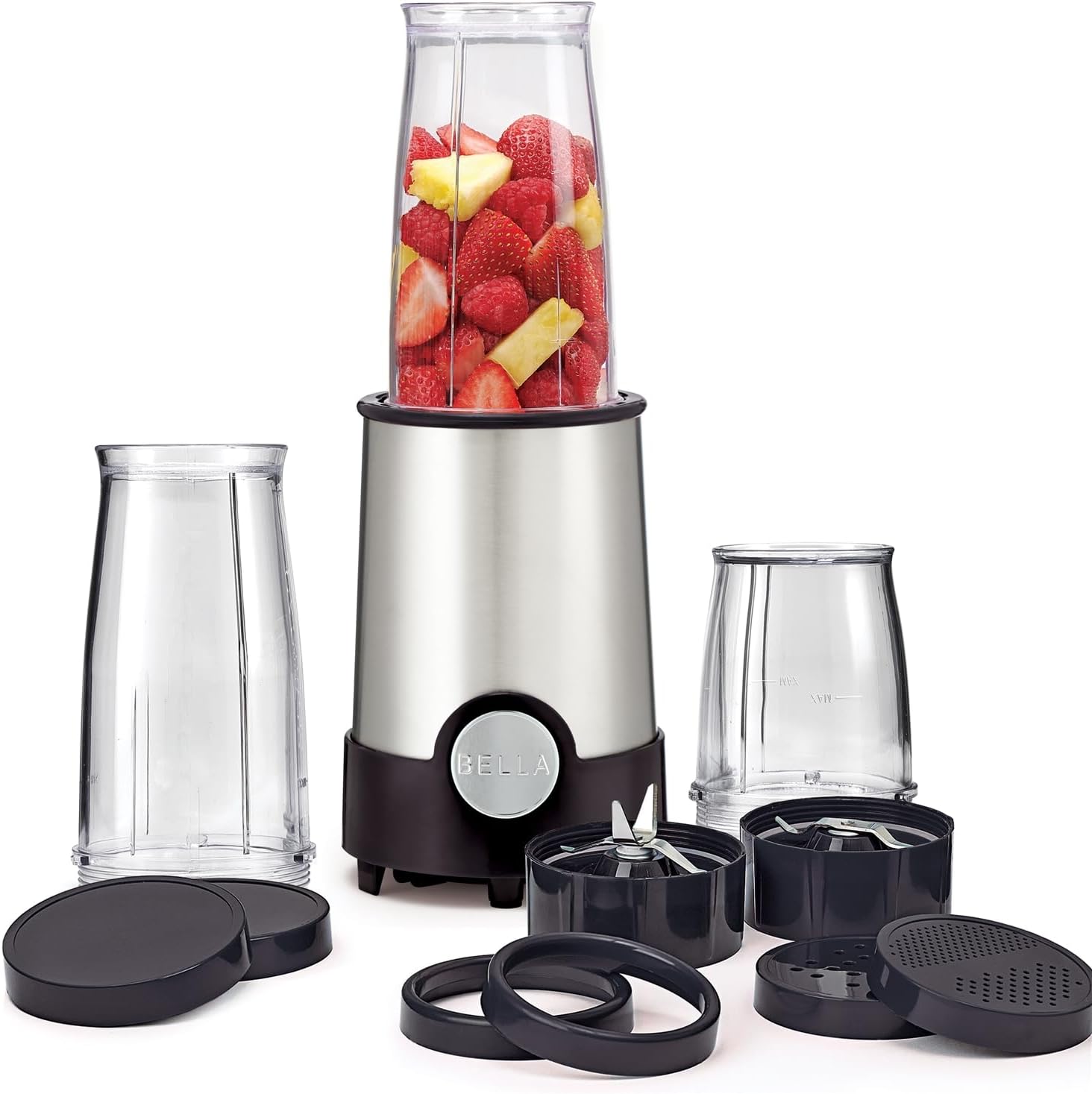 BELLA Personal Size Rocket Blender, Perfect for Smoothies, Shakes and Healthy Drinks, Easy Grinding, Chopping and Food Prep, 285 Watt Power Base, 12 Piece Blending Set, Stainless Steel & Black