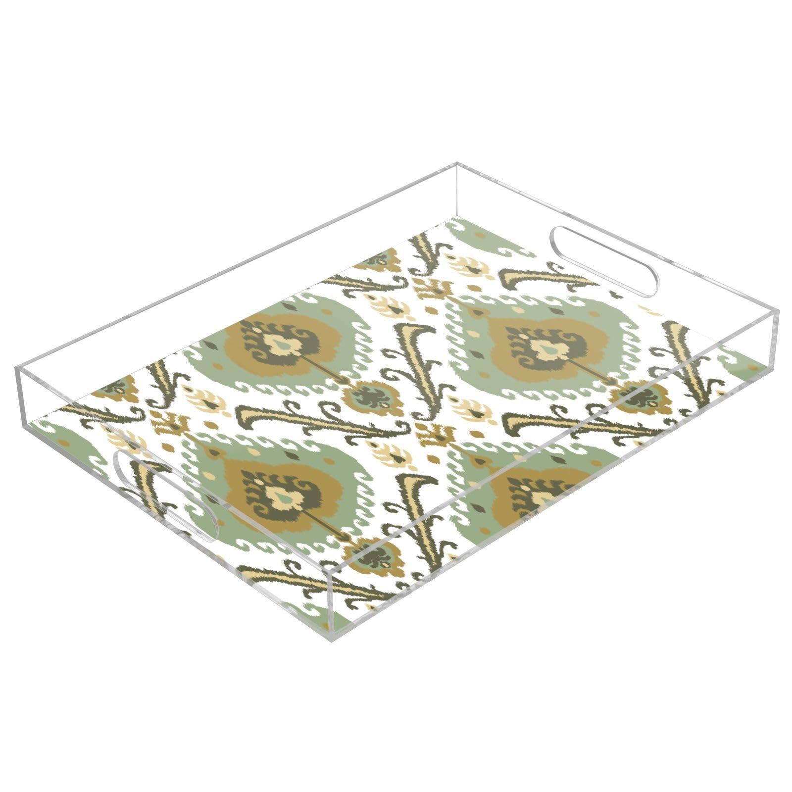 Bandeja acrílica rectangular con patrón étnico ikat, bandeja de acrílico transparente tradicional con asas, bandeja de desayuno acrílica de 12 x 16 pulgadas, bandeja transparente a prueba de derrames