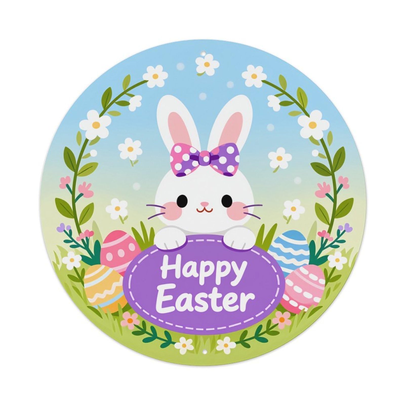 Easter Bunny Flowers Eggs Spring Round Tin Sign Retro Metal Sign for Cafe Bar Pub Home Game Room Gym Club Wall Decoration Vintage Metal Poster 8x8 Inch