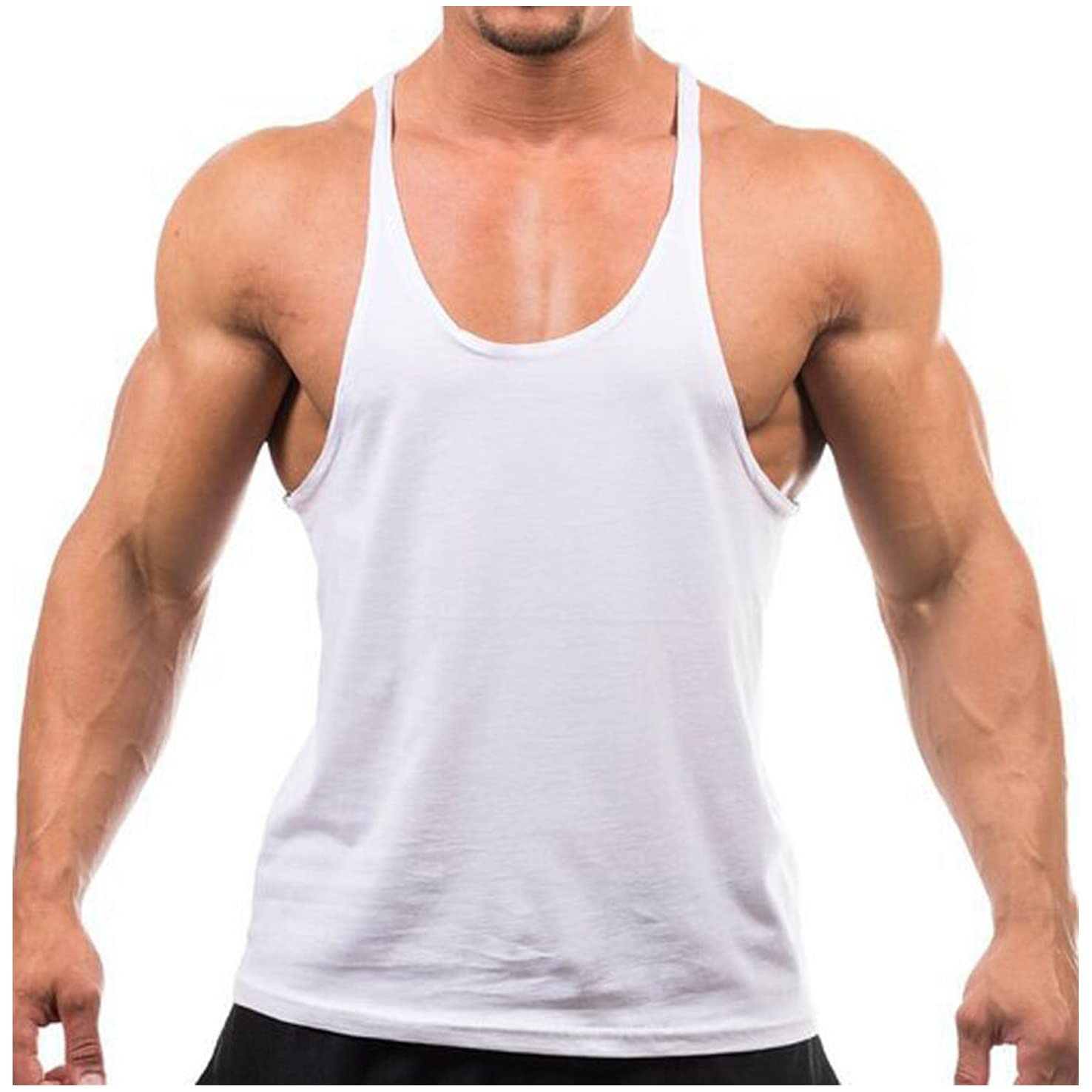 Crown Designs Plain Colour Bodybuilding Weight-Training Sports Stringer Vest Top with Y Back Racerback Fit for Men & Teens - White/Medium