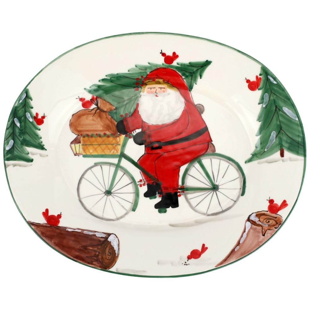 Vietri Old St. Nick - Plato ovalado grande con bicicleta, plato de servir postre de carne de barro