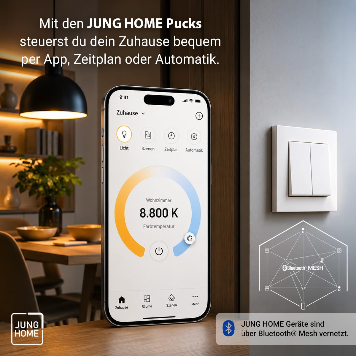 JUNG HOME BTPD1B2U Puck Dimmer Unterputz LED Universal-Dimmer 1-fach | mit 2 Binäreingängen Bluetooth