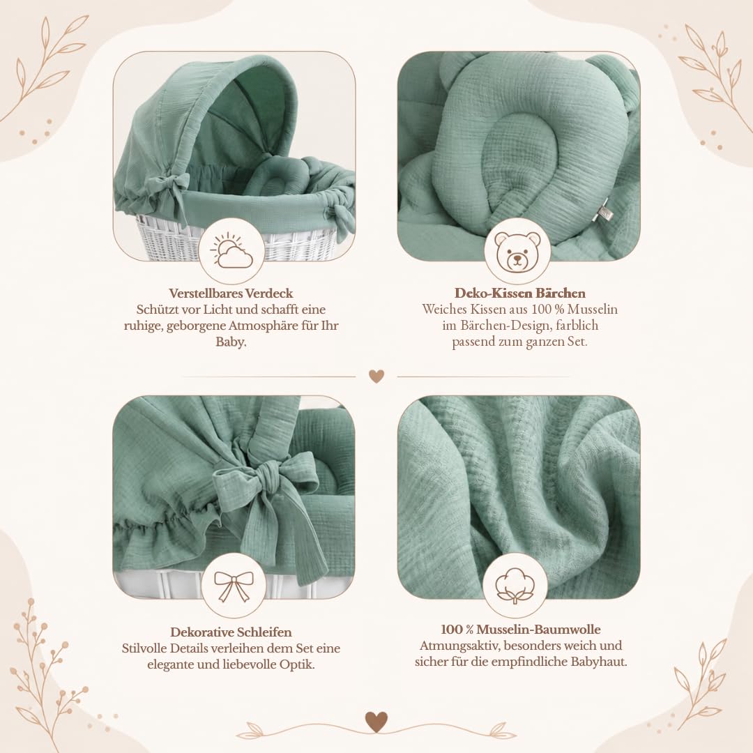 Wiklinopol Baby Bettwäsche Set 5-teilig Musselin Verdeck 110 cm Khaki | Stubenwagen Bezug Set, Babybettwäsche aus 100% Baumwolle, Decke 70x80 cm, Kissen 25x30 cm, Spannbettlaken, Einlage Ø 260 cm