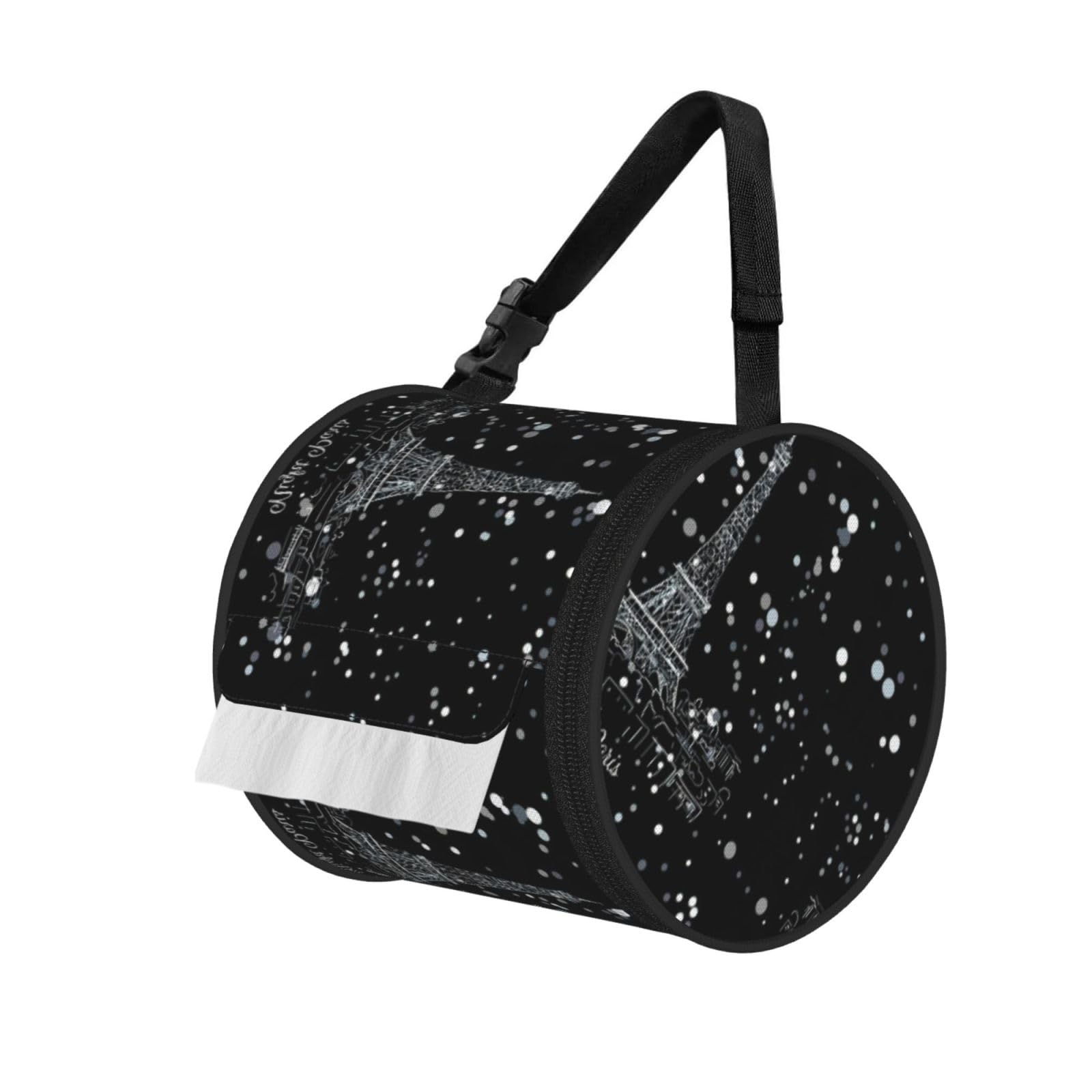 Night Paris Eiffel Tower Print Cylinder Tissue Holder Bag With Strap, Portable Roll Dispenser Case For Car Rv Camping