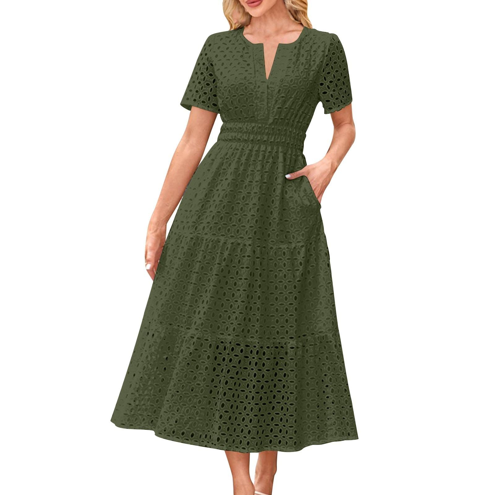 Vestidos Verano Mujer 2025,Vestido Largo Mujer Verano Elegante Cintura Alta Vestido Verano de Cuello en V Color Sólido Maxi Hueco Vestido Playa Vacaciones Diario Ligero Cómodo Dress de Algodón