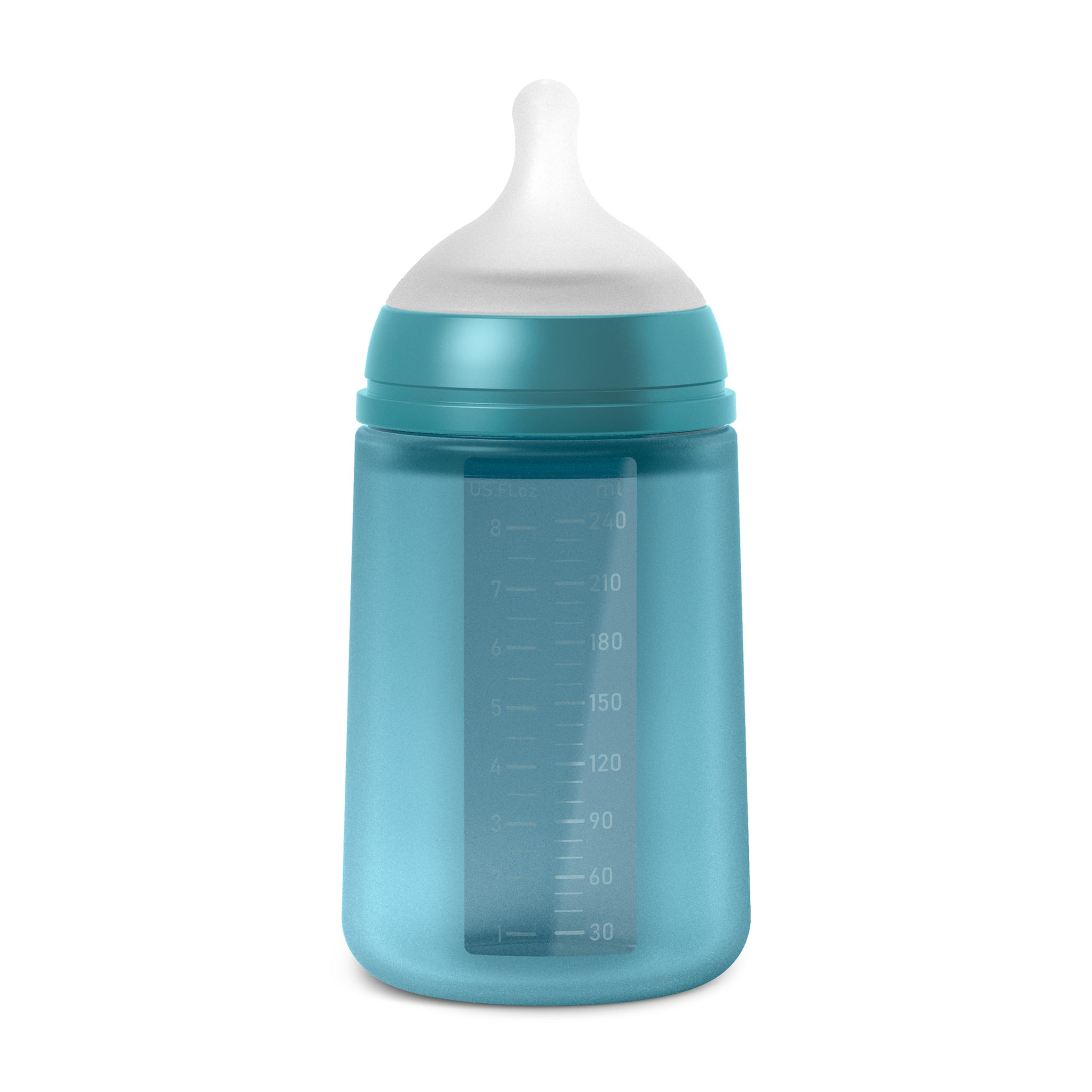 Suavinex, Biberon in Silicone da 240 ml, con Tettarella Fisiologica in Silicone SX Pro, con Valvola Anticolica, Biberon a Flusso Medio (M). Per bambini +3 mesi. Colour Essence Blu oceano