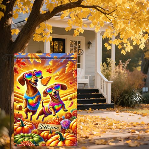 Image of Nuxovilar 12x18 inch Dachshund Dog Sunglasses Fall Flag | Double-sided Dachshund dog and pumpkin garden flag for porch, patio, and lawn decoration.