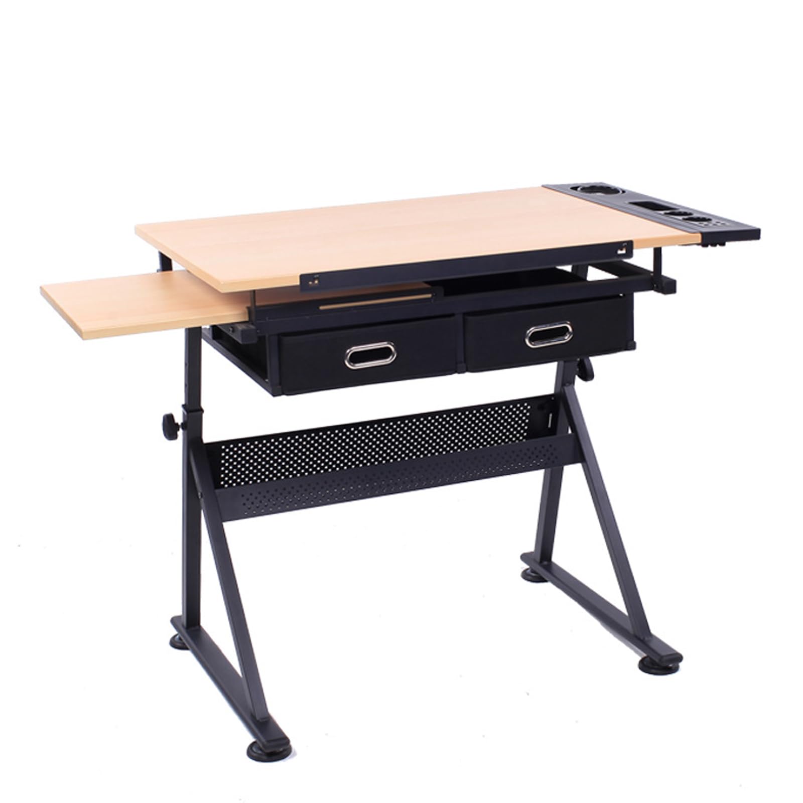 Escritorio de arte ajustable con almacenamiento, mesa de dibujo de madera con extensión lateral y bandeja de herramientas, mesa de metal resistente para artistas y estudiantes