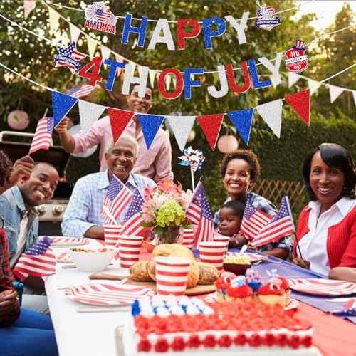 Image of Pre-Strung Happy 4th of July Banner Decorations, Patriotic Happy Fourth of July Blue Red Withe Garland Sign for Independence Day Memorial Day 250 Anniversary Party Celebration Home Office Mantel