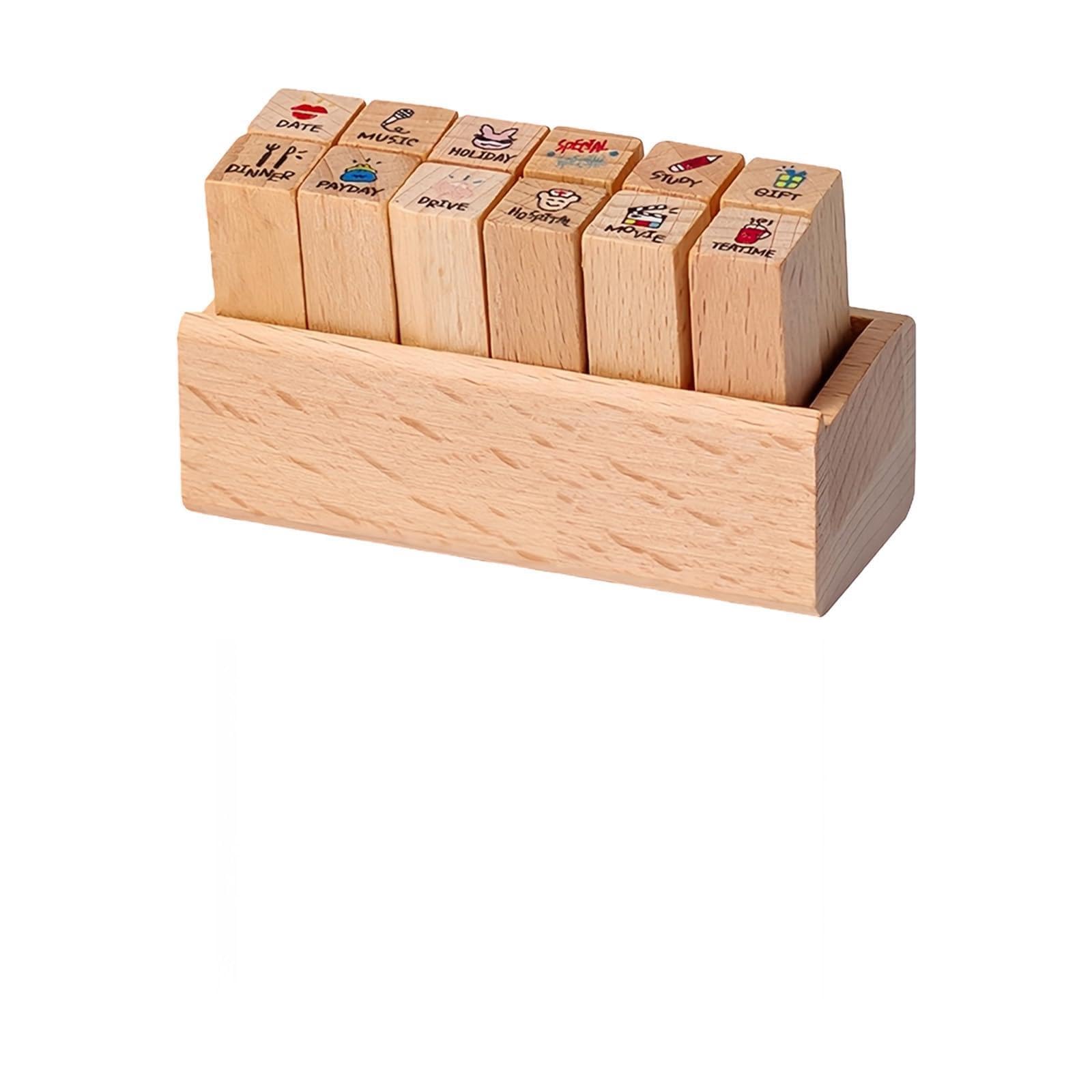 Beech Wood Journal Stamp Set, 8 Piece Planner and Scrapbook Page Marking Stamps with Holder for Diary and Notes Journal Stamp Set Planner Stamps Scrapbook Wooden Page Diary Memo Label Paper