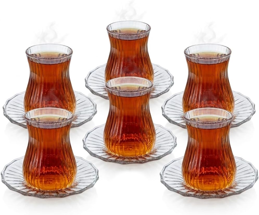 Deconox 12 Parça Çay Seti - 6 Adet Fitil Desenli Cam Çay Bardağı ve 6 Adet Cam Çay Tabağı - Isıya Dayanıklı Çay Takımı