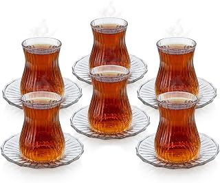 Deconox 12 Parça Çay Seti - 6 Adet Fitil Desenli Cam Çay Bardağı ve 6 Adet Cam Çay Tabağı - Isıya Dayanıklı Çay Takımı