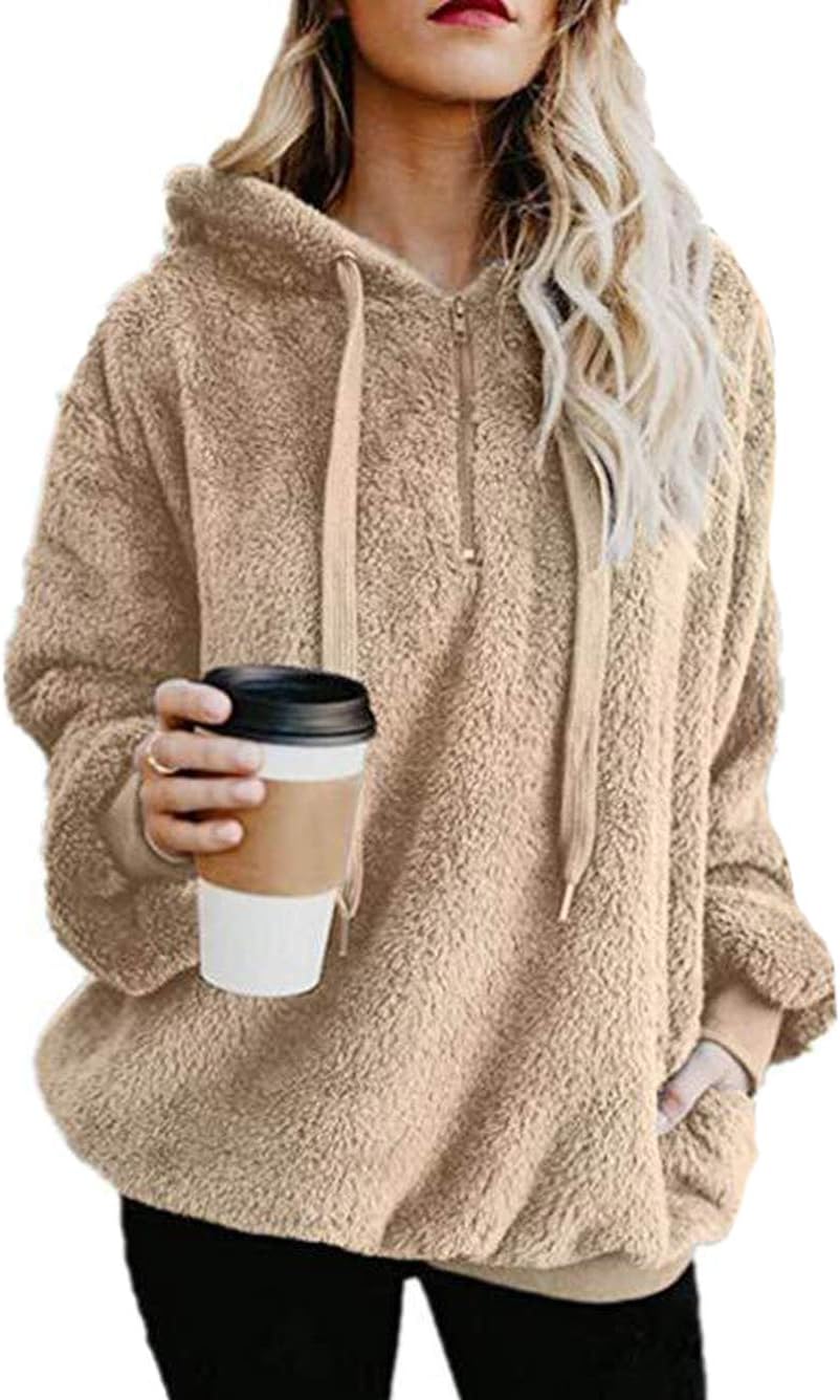 Voopptaw Ladies Winter Warm Oversized Sherpa Long Sleeve Pullover Zip Sweatshirt Fleece Hoodies with Pockets Khaki M