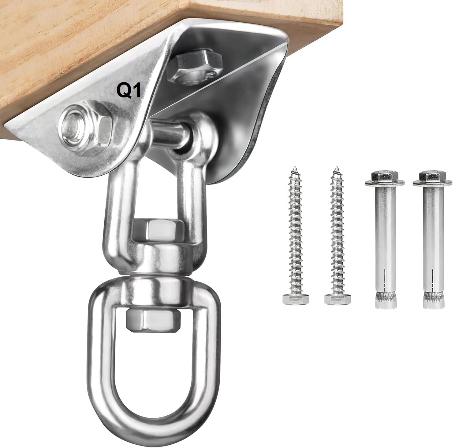 Q1 Beads 304 Stainless Steel Swivel Swing Hook Hanger 500 Kgs Load Capacity Heavy Duty Ceiling Hook Rotating Kada for Hanging Swing, Hammock,Playing Jhula,Playground, Porch, Yoga (Chrome,1 Set)-image-18