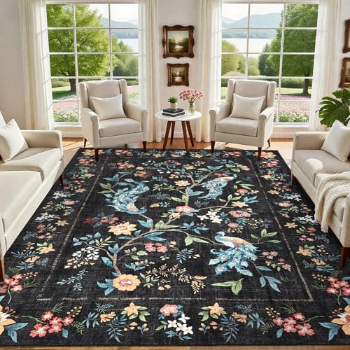 GarveeHome Large Area Rugs 9x12 for Living Room, Black Floral Peacock Washable Rug Soft Non Slip Backing Floor Mat Animal Print Carpet Indoor Thin Accent Rug for Bedroom Dining Room Playroom Nursery