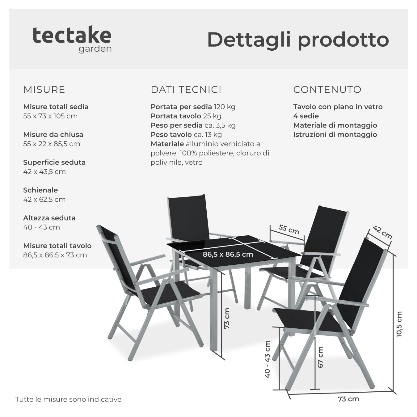 tectake® Set Tavolo da Esterno con Sedie, Telaio Alluminio, 1 Tavolo da Giardino Piano in Vetro, 4 Sedie Pieghevoli, Schienale Reclinabile 8 Posizioni, Set Resistente alle Intemperie - Grigio/Argento