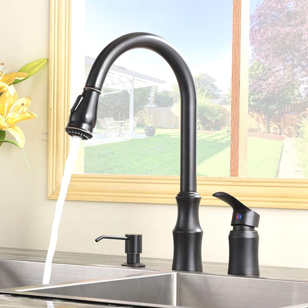 Flаѕh Dеаlѕ - 50% оƒƒ Hotis Modern Oil Rubbed Bronze 3 Hole Kitchen Faucet, Stainless Steel Single Handle Pull Down Kitchen Sink Faucet with Soap Dispenser