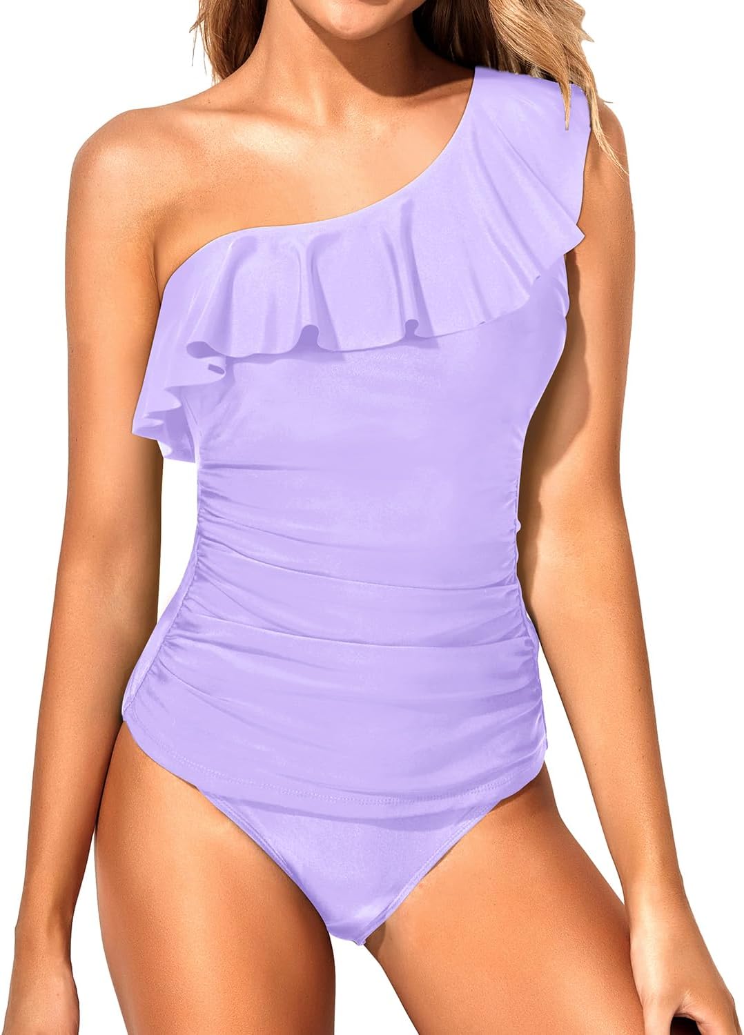 Yonique Women's Two Piece Swimsuits One Shoulder Tankini Tummy Control Bathing Suits Ruffle Swimwear