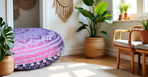 Miniatura 2 de Funda de almohada redonda con diseño de mandala, para asiento, otomano, con pompones, hippie, decorativo, bohemio, indio, de 22 pulgadas (rosa y