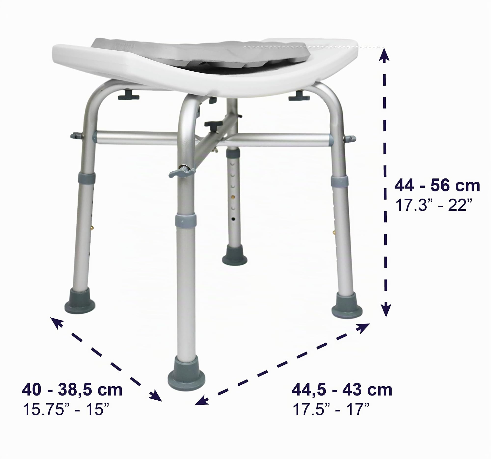 KMINA - Sgabello Doccia Anziani (150 Kg) con Doppia Traversa Rinforzata, Cuscino, Sgabello Bagno Bianco, Regolabile, Montaggio Senza Utensili - Prodotto in Europa
