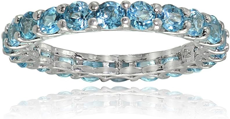 Ice Gems Sterling Silver Swiss Blue Topaz 3mm Round-Cut Eternity Band Ring