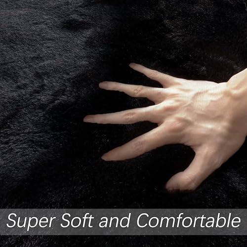 Miniatura 4 de Alfombra negra esponjosa de 5 x 7 pies para dormitorio, alfombra rectangular de pelo lavable con conejo, para sala de estar, habitación de