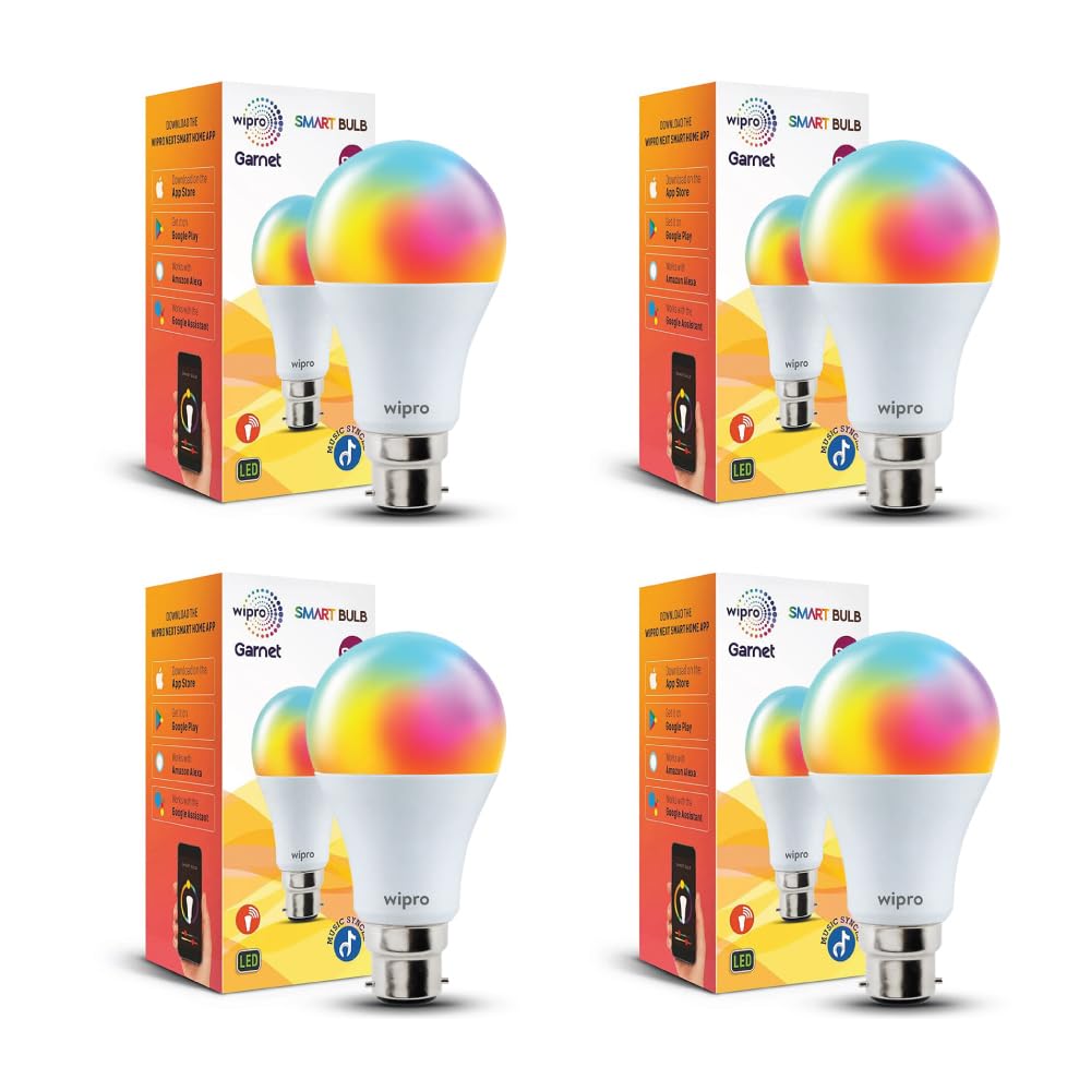 wipro 9W B22D WiFi LED Smart Bulb with Music Sync Function, Compatible with Amazon Alexa and Google Assistant (16M Colours, Warm White/Neutral White/White + Dimmable) Pack of 4