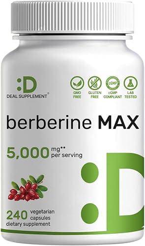 DEAL SUPPLEMENT Berberine Max Suplemento con cúrcuma, 5,000 mg por porción, 240 cápsulas vegetales – 97% HCl de berberina pura – Extracto de raíz de