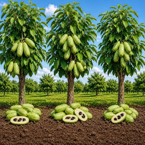 3 Pawpaw Tree Live Plants (Asimina triloba) 1-2 Feet Tall Hardy Native Fruit Trees Produces Delicious Tropical-Flavored Pawpaw Fruit Fast Growing Backyard Orchard Plant (3 Trees)
