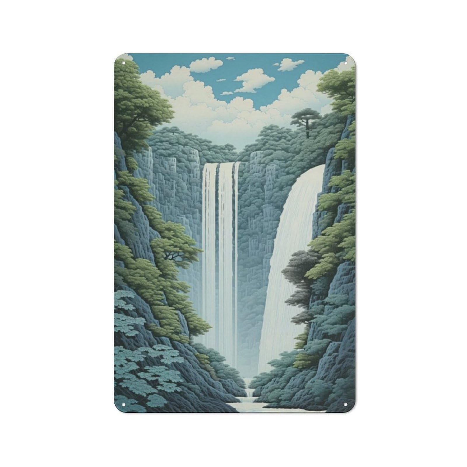 Junmoney Waterfall Japan Painting Rustic Metal Sign 30X20cm Featuring For Garage Wall, Suited To Garage Decor Collectors