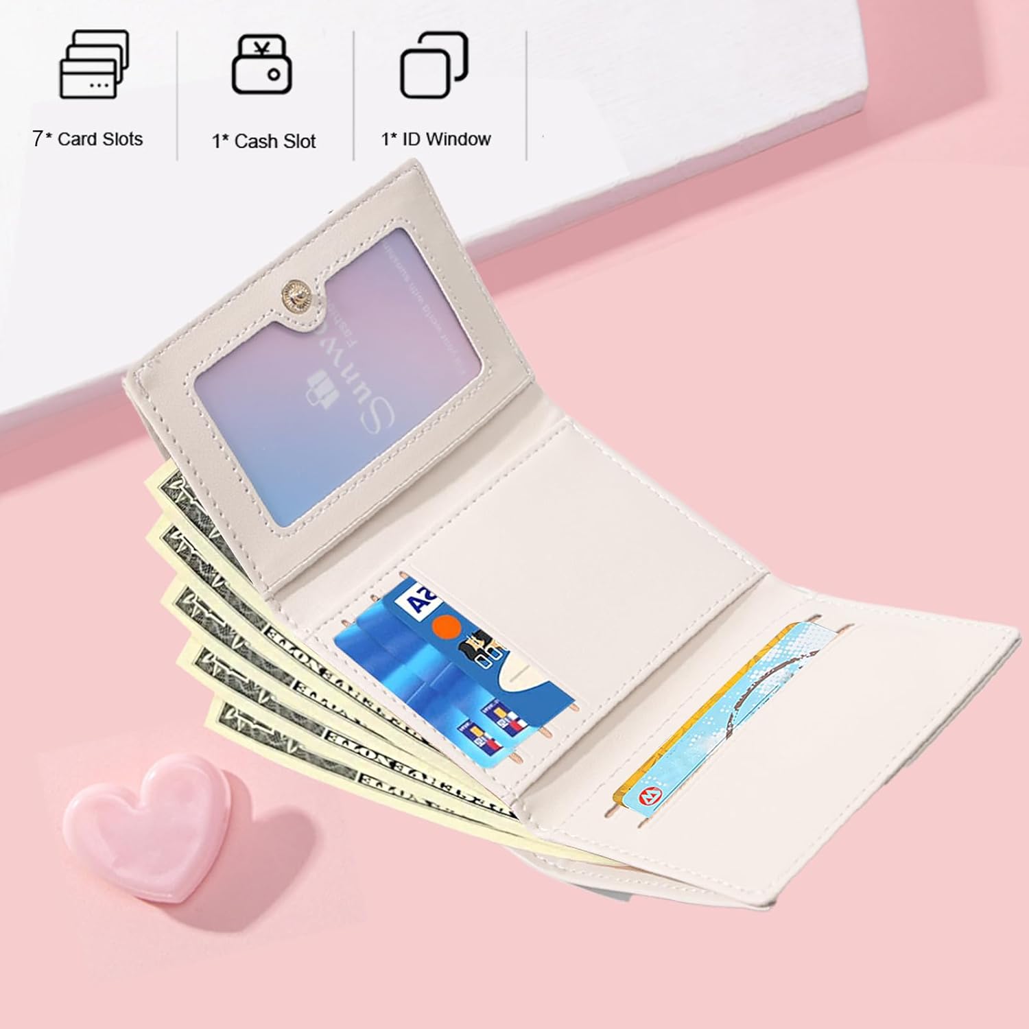 Sunwel Fashion Girls Cute Cherry Print Coquette Bow Wallet Small Wallet Card Holder ID Window for Women (CREAM) - Image 2