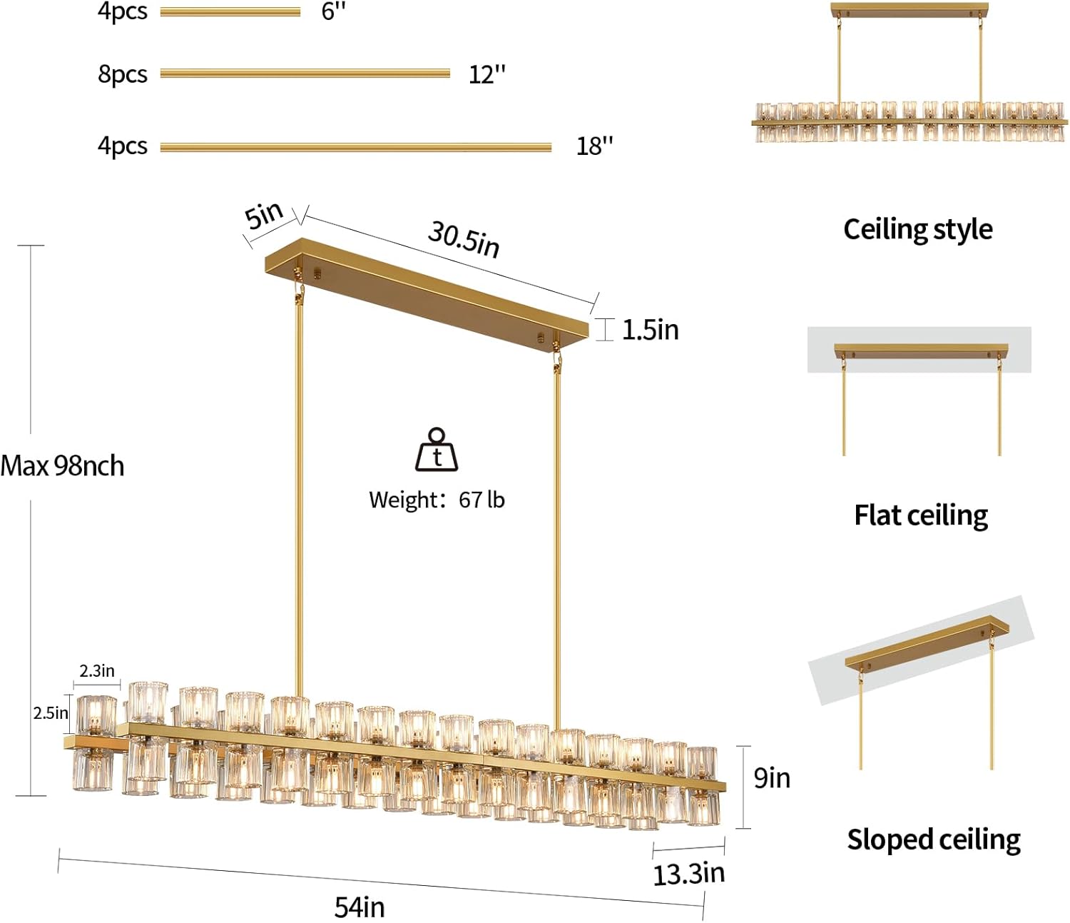 Crystal Gold Rectangular Chandelier for Dining Room,54in Dining Chandeliers Over Table,Modern Chandelier for Dining Room,Arcachon Chandelier Kitchen Island Chandeliers,Includes 60XG4 Bulbs