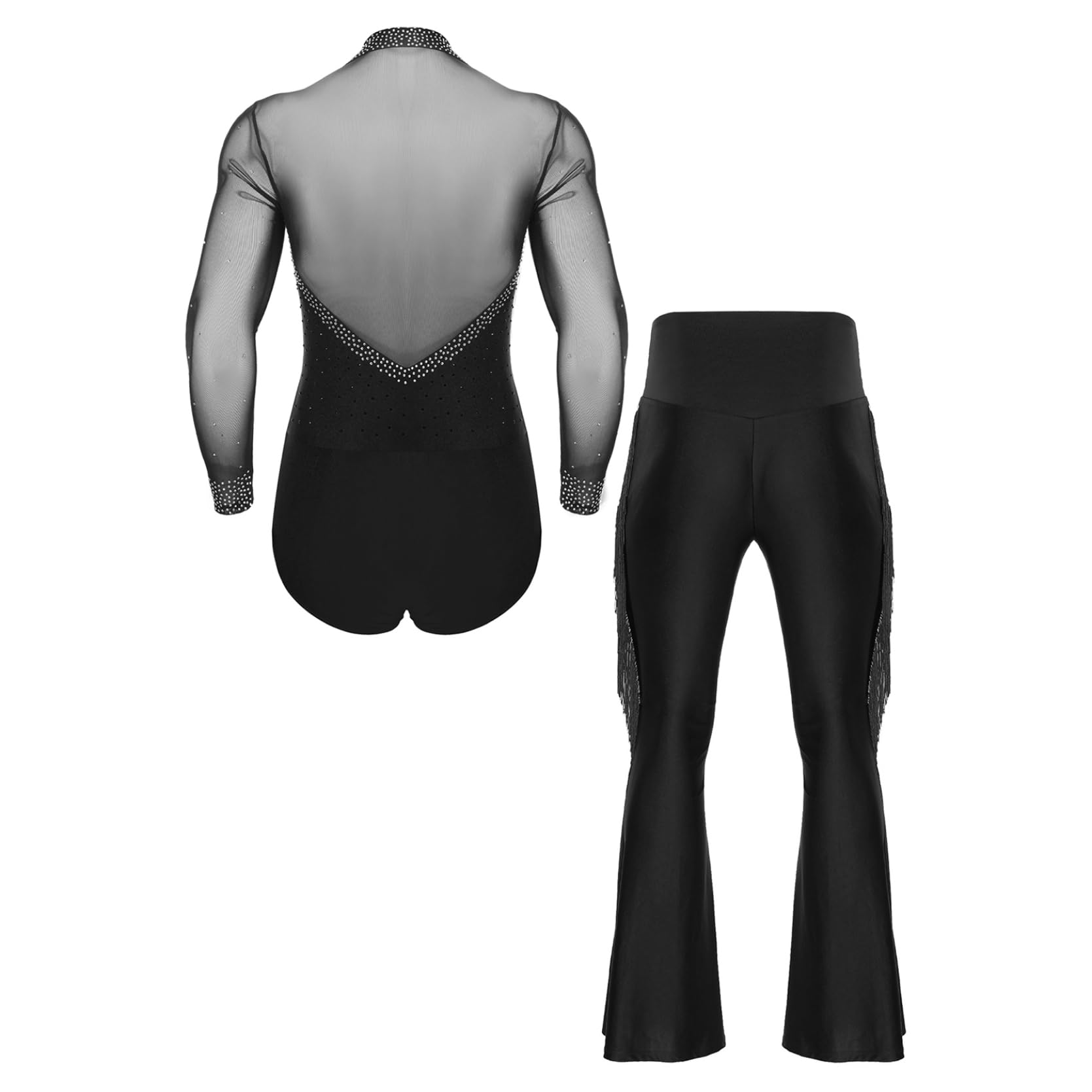 inlzdz Herren Tanzbody Tanzhemd Langarm Hemdbody Glitzer mit Schlaghose Tanzhose Männer Latein Tango Standard Dance Outfit