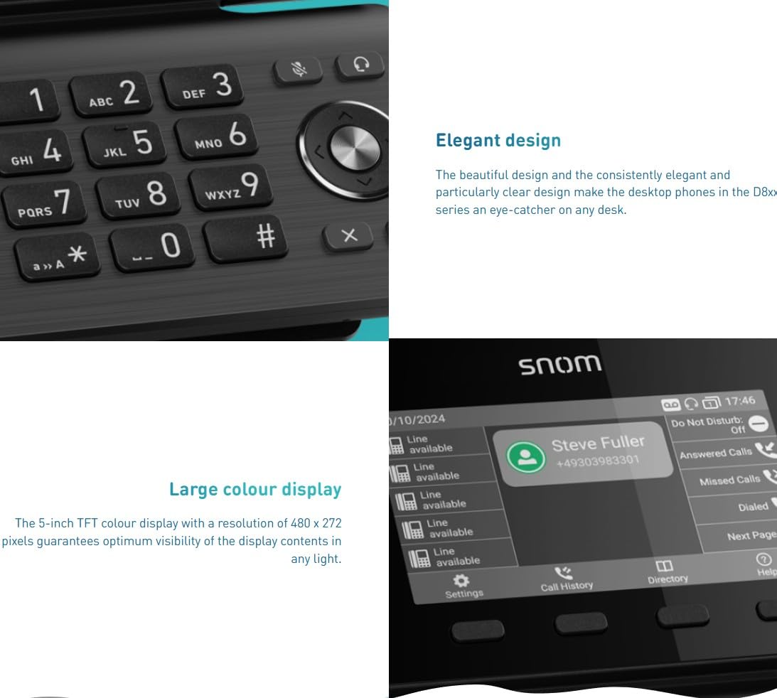 Snom D815W bezprzewodowy telefon biurkowy z Wi-Fi, kolorowy wyświetlacz IPS 5", 10 przycisków funkcyjnych, podwójny pasmo Wi-Fi, profesjonalny telefon VoIP do firm i biur, kompatybilny z popularnymi