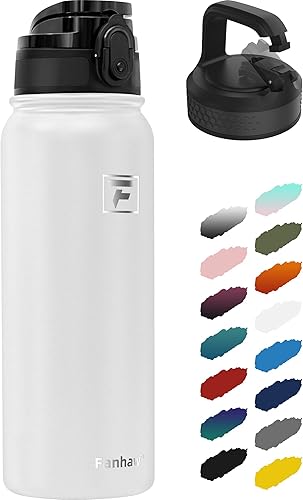 Fanhaw Botella de agua aislada al vacío de acero inoxidable de 20 onzas con 2 tapas (abierta y tapa de mosquetón) - Para niños, mujeres, hombres, a
