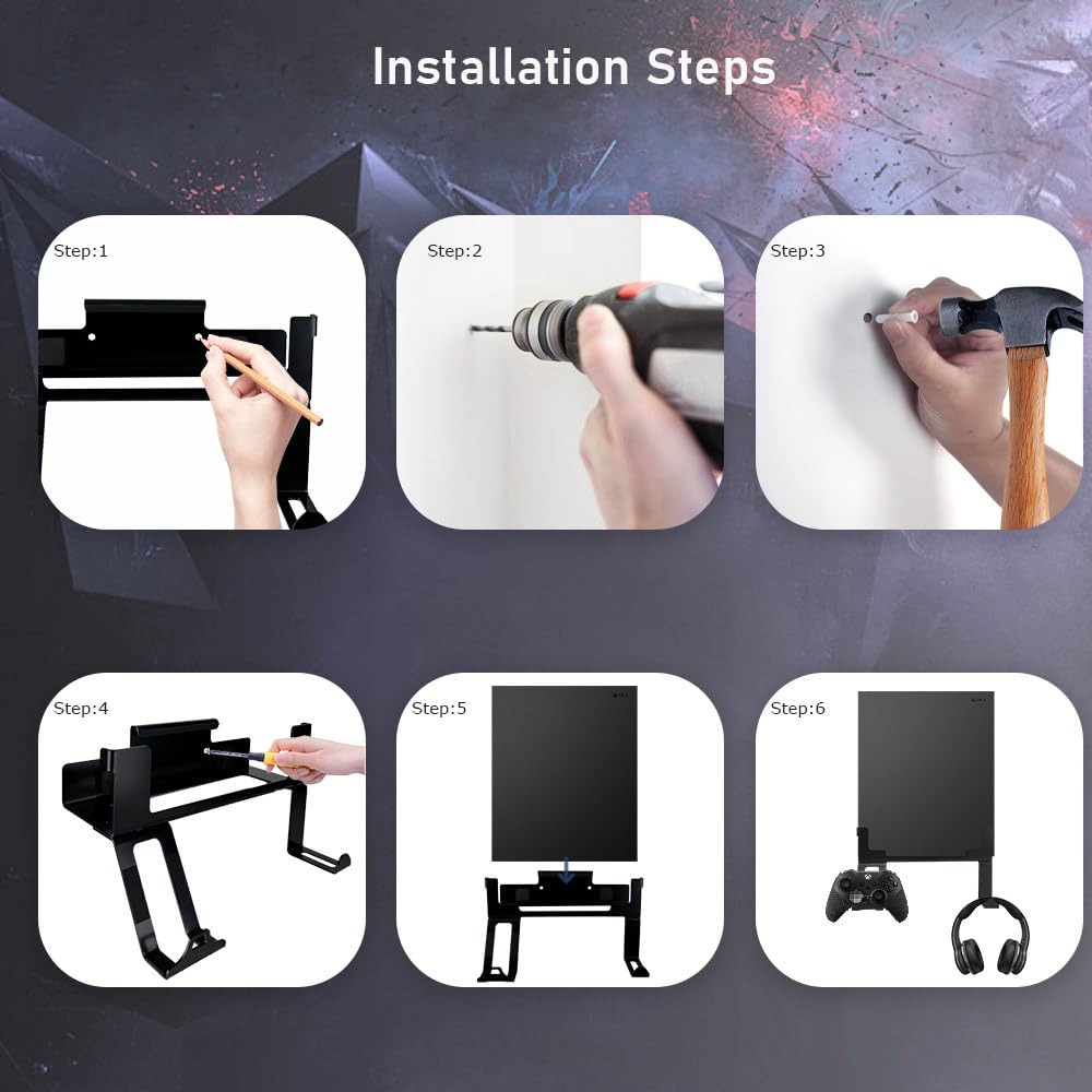 Soporte de pared para Xbox One X, soporte de pared de acero para Xbox One X con controlador desmontable y kit de soporte para auriculares (negro)