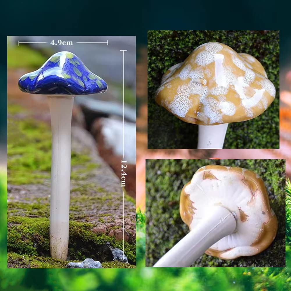 4 Funghi Ornamentali Da Giardino In Ceramica - Fata Per Esterni - 12x3,5 Cm - Rossi, Blu, Marroni, Gialli