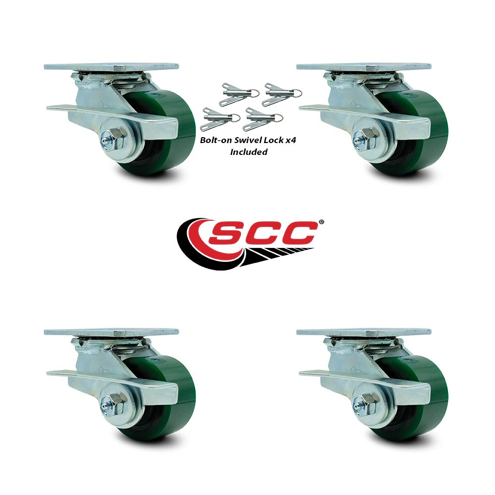 Heavy Duty Swivel Caster Set of 4 with 3.25 Inch Green Polyurethane on Cast Iron Wheels and Ball Bearings - Includes 4 Swivel with Side Lock Brakes and Bolt on Swivel Locks - Service Caster Brand