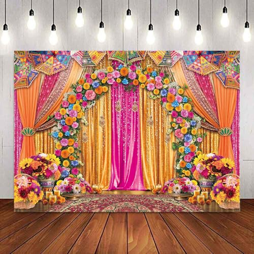 Image of Indian Wedding Backdrop Indian Themed Marigold Floral Background India Traditional Festival Flowers Bridal Shower Party Decorations Banner Supplies (82x59inch(7x5FT))