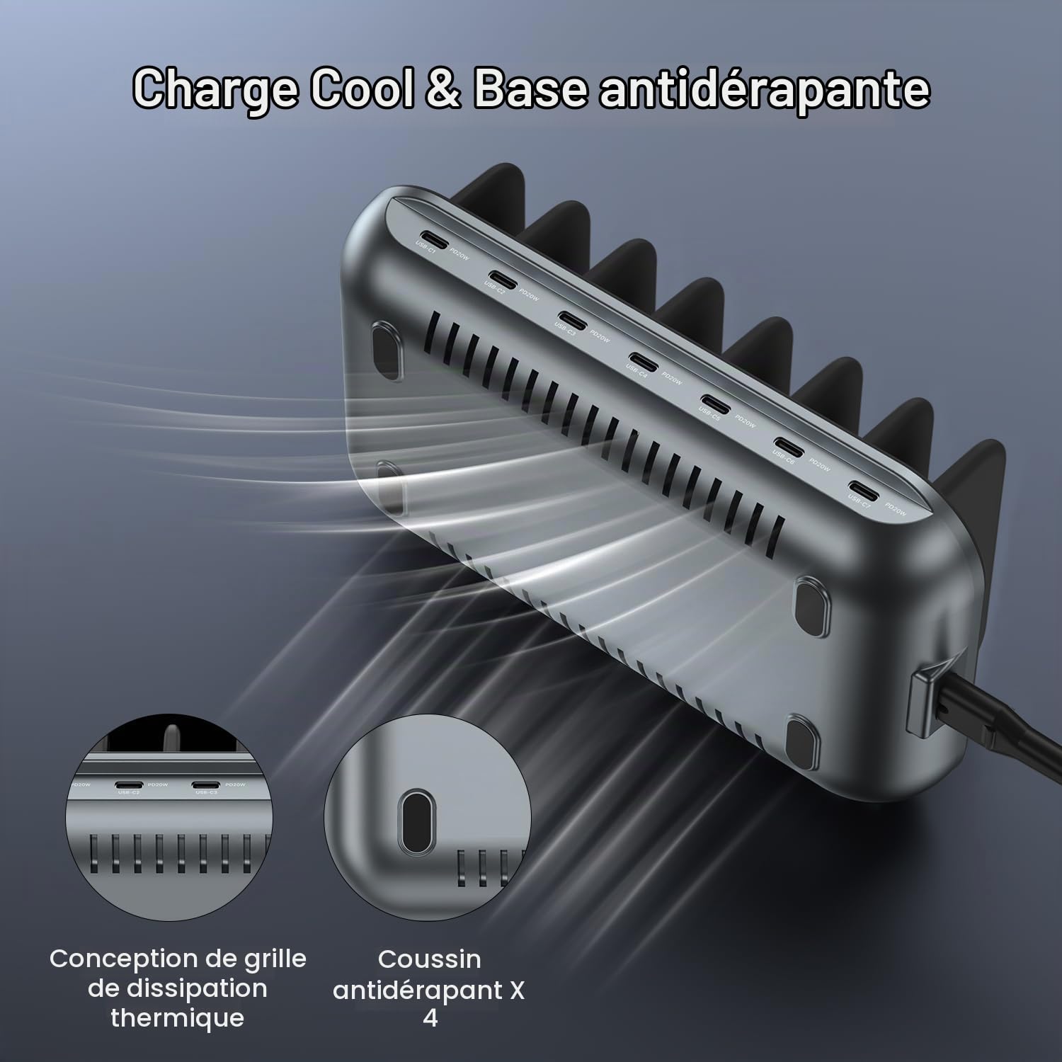 SooPii Station de Charge USB-C de qualité supérieure 140W 7 Ports,Noir | charge rapide PD 20 W par port pour smartphone et tablette, 7 câbles mixtes inclus